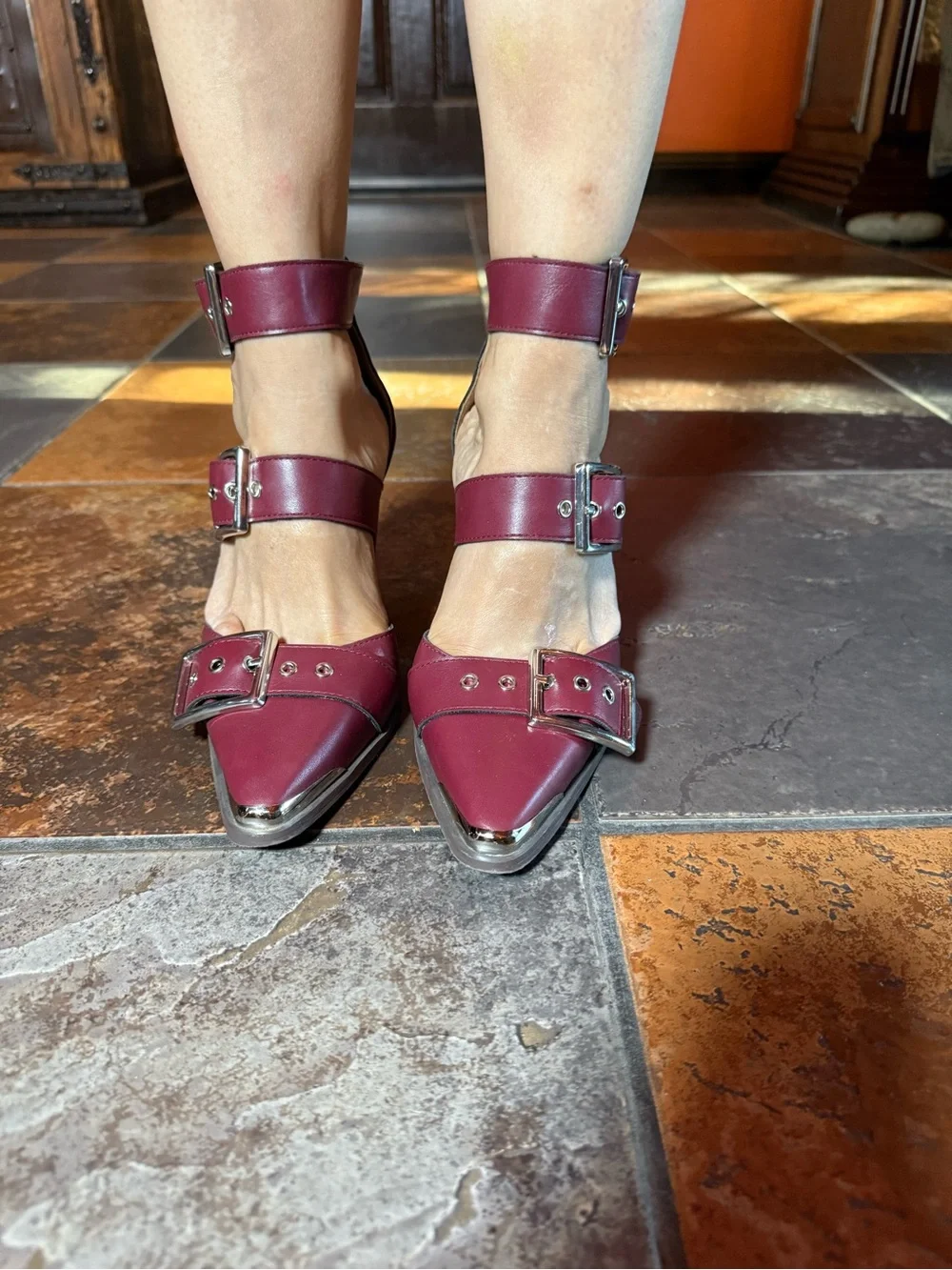 Women's Burgundy Pointed-Toe Buckle Heels